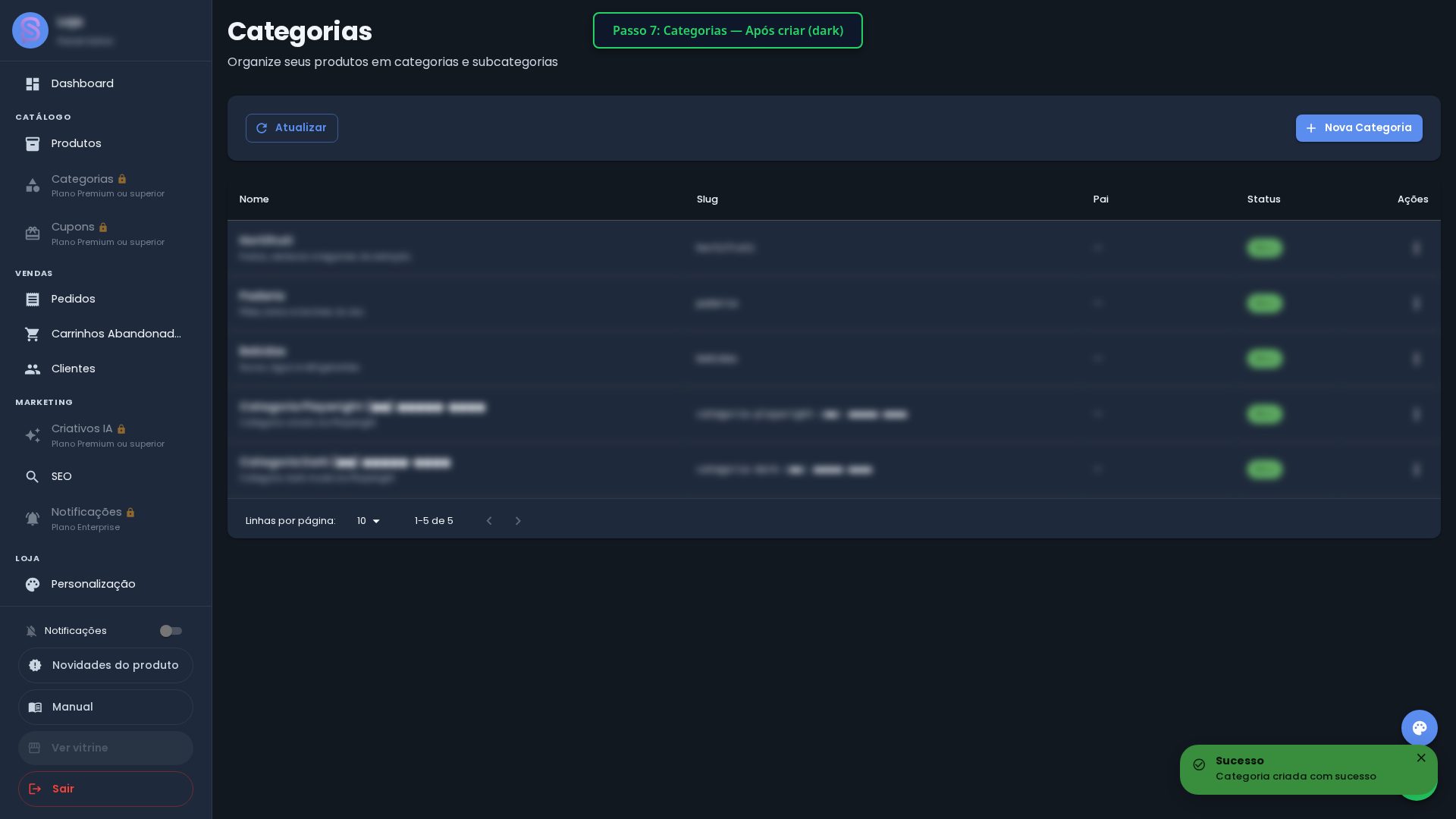 Categorias (após criar) — Dark