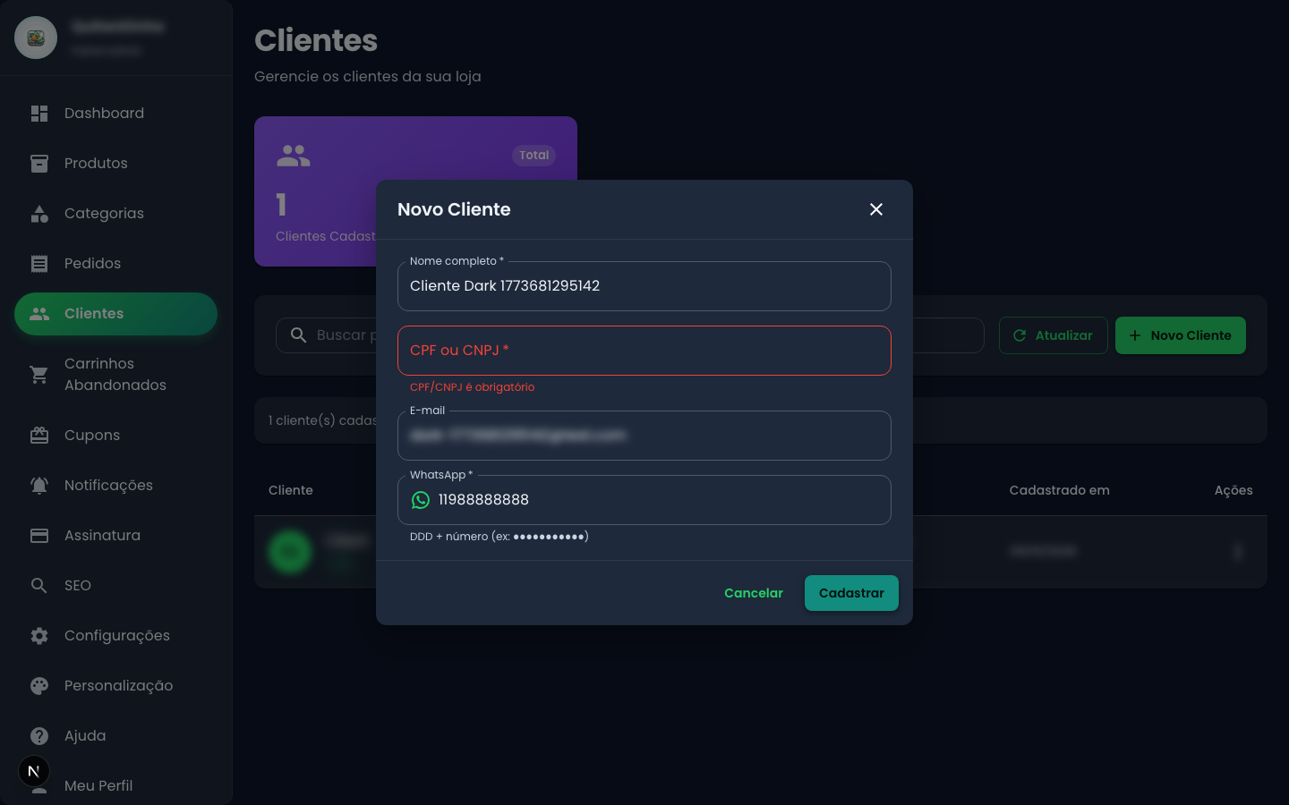 Clientes (após criar) — Dark