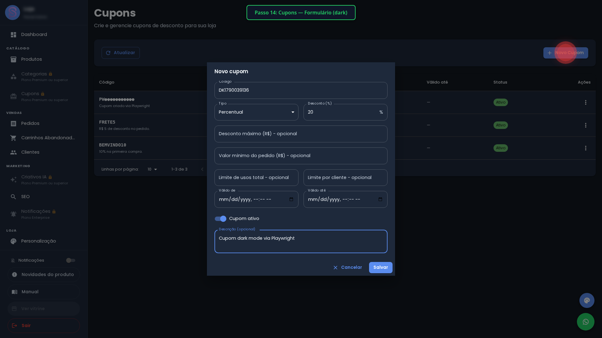 Formulário de Cupom — Dark