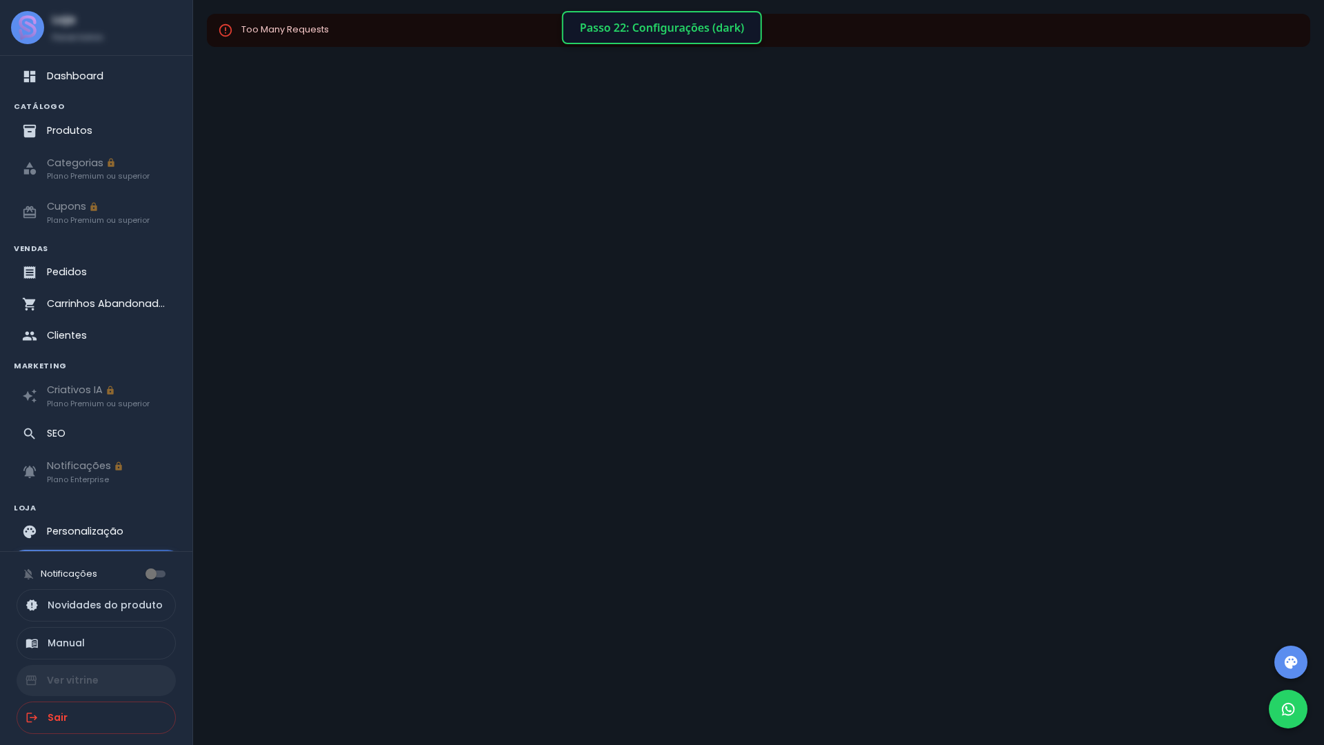 Configurações (topo) — Dark