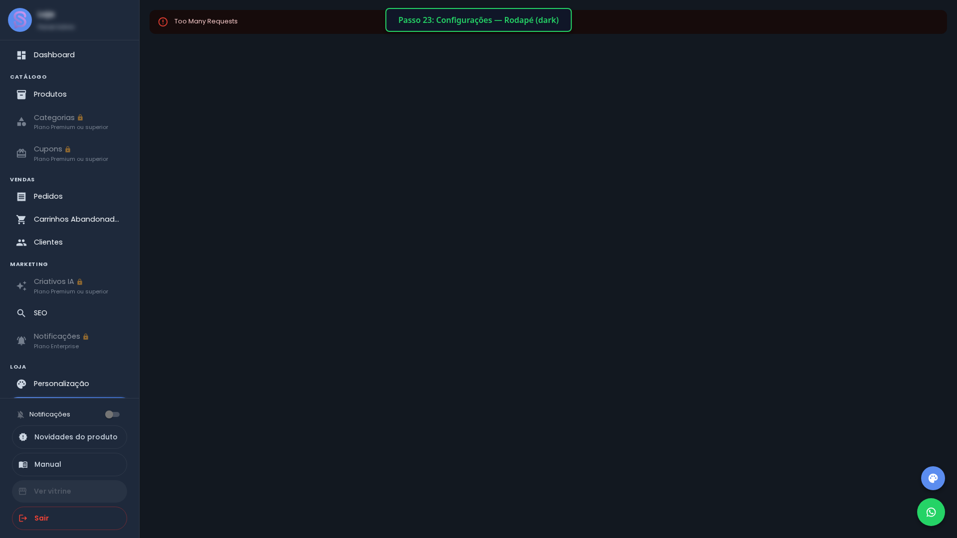Configurações (rodapé) — Dark